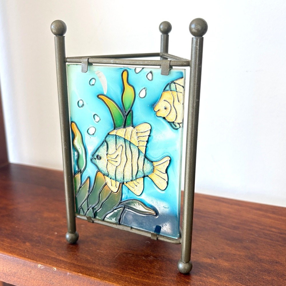 Vintage Tropical Fish Stained Glass Style Metal Tea Light Candle Holder Bronze